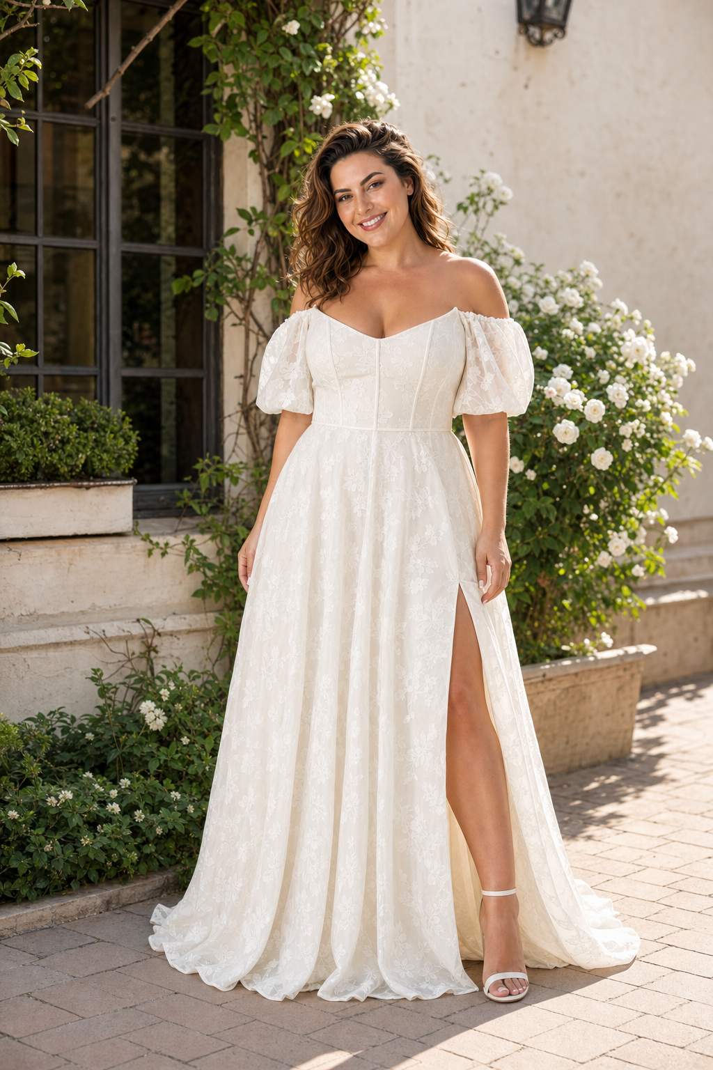 Plus Size Floral Burnout A-Line Wedding Dress with Slit and Off Shoulder Neckline