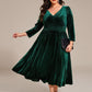 Plus Size Elegant Pleated Velvet Stretchy Tea Length Wedding Guest Dress