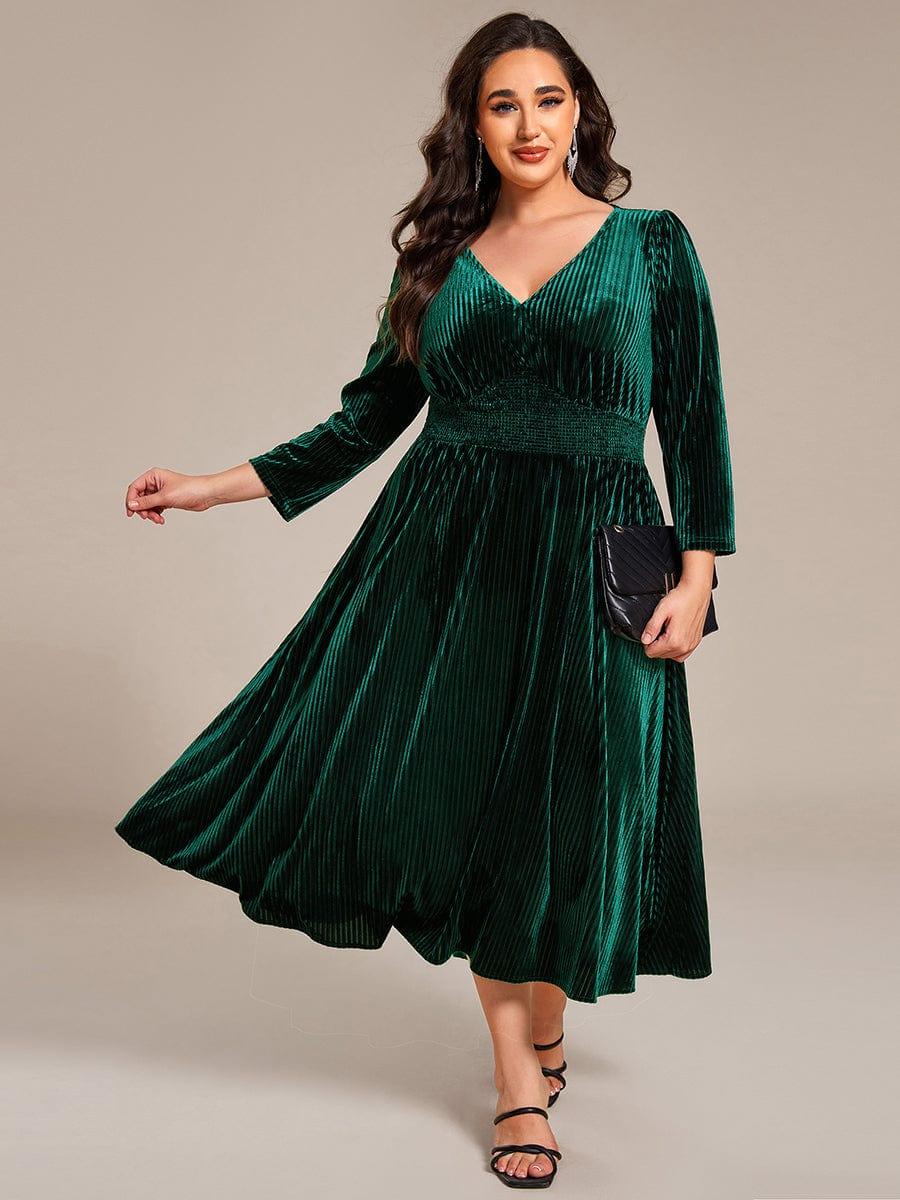 Plus Size Elegant Pleated Velvet Stretchy Tea Length Wedding Guest Dress