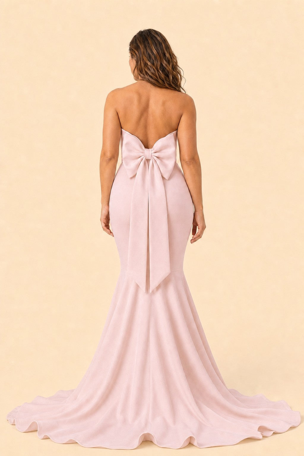 Plus Size Strapless Bridesmaid Dress with Bow Back and Chapel Train