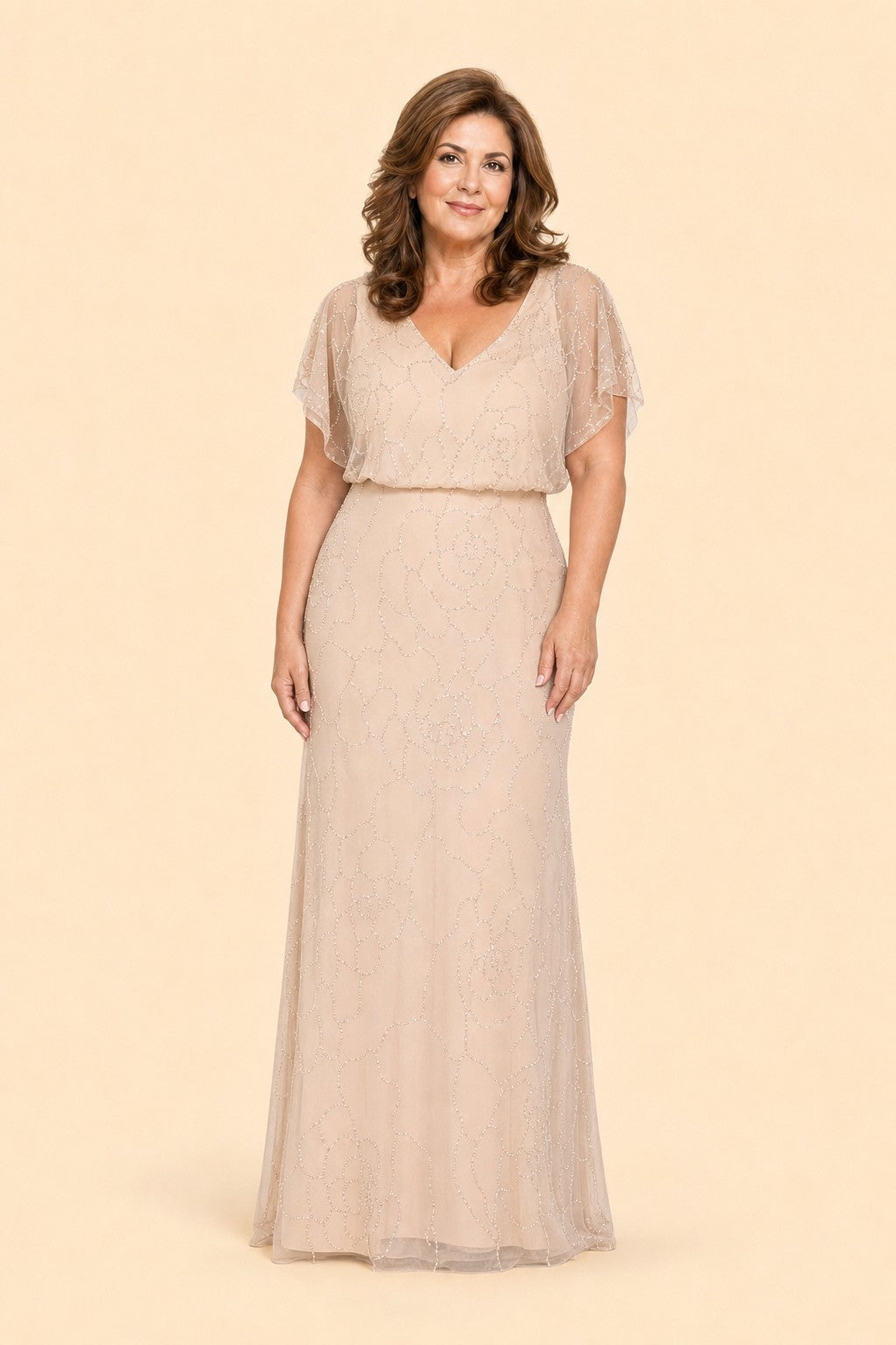 Plus Size Elegant Mother of the Bride Gown with Floral Beaded V Neck Design