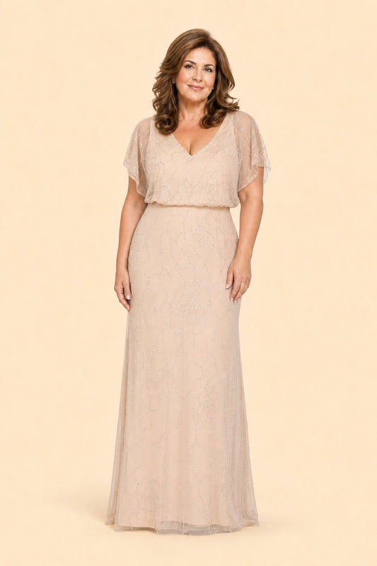 Plus Size Elegant Mother of the Bride Gown with Floral Beaded V Neck Design