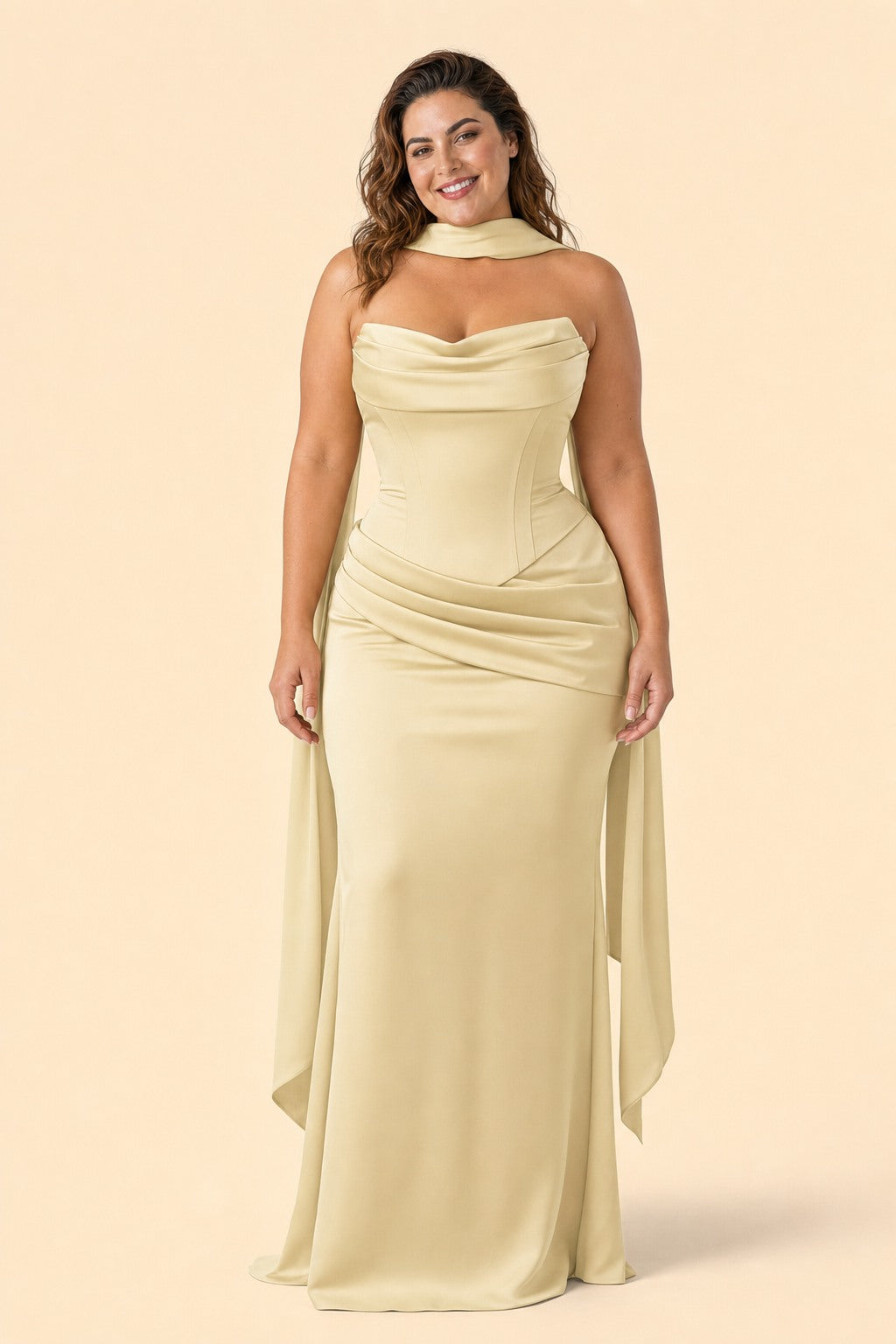 Strapless Satin Bridesmaid Dress with Open Back and Sculpted Silhouette