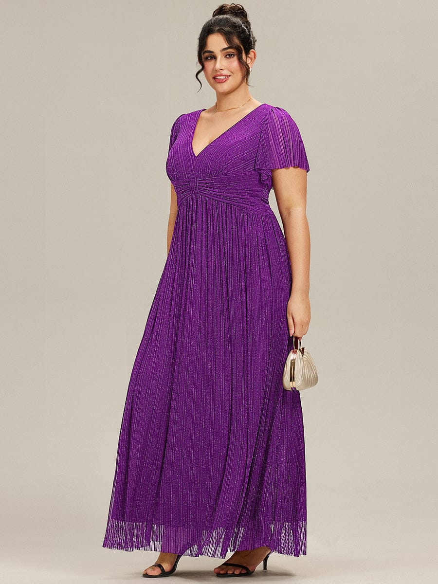 Plus Size V-Neck Glittery Short Sleeves Formal Evening Dress with Empire Waist