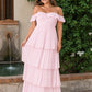 Elegant A Line Maxi Bridesmaid Dress Pleated Tiered Off Shoulder Design