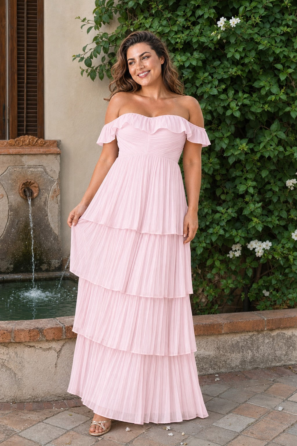 Elegant A Line Maxi Bridesmaid Dress Pleated Tiered Off Shoulder Design