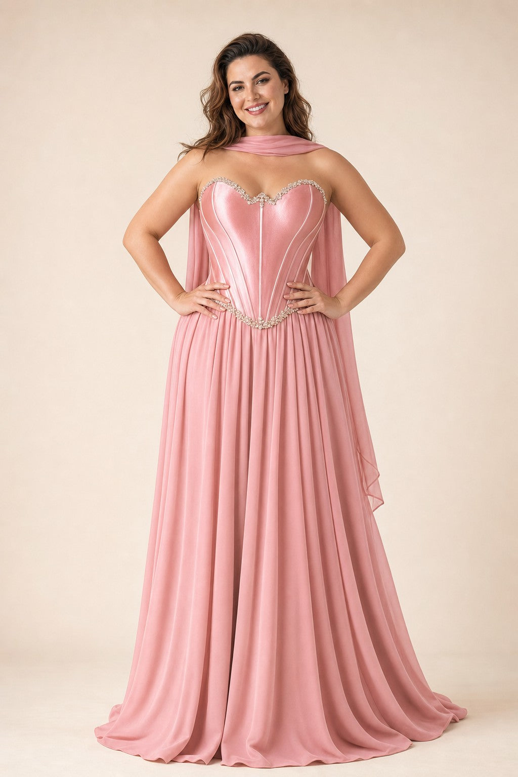 Scarvelle Plus Size Satin Prom Dress with Basque Waist and Pearl Corset