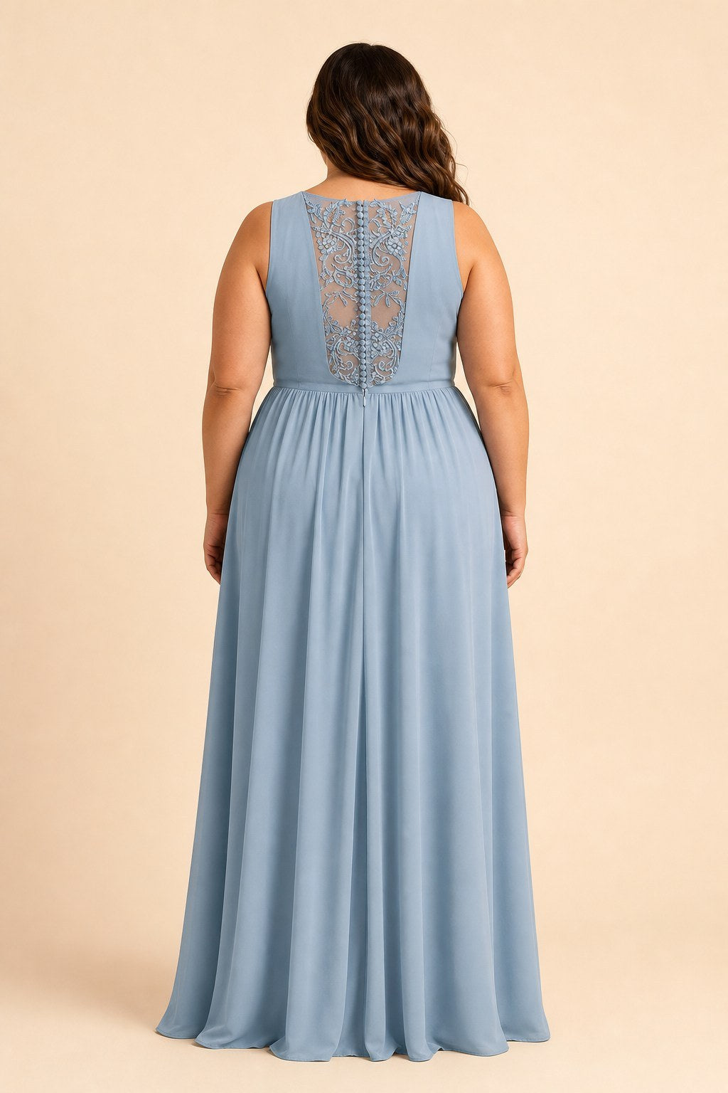 Elegant Plus Size Bridesmaid Dress with Lace Panel Back and Soft Pleats