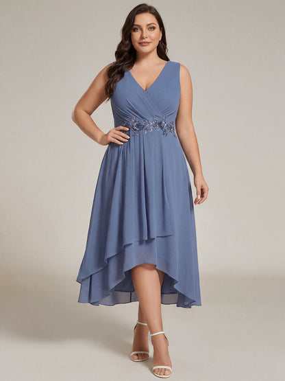 Sleeveless V-Neck High Low Plus Size Wedding Guest Dress with Floral Applique