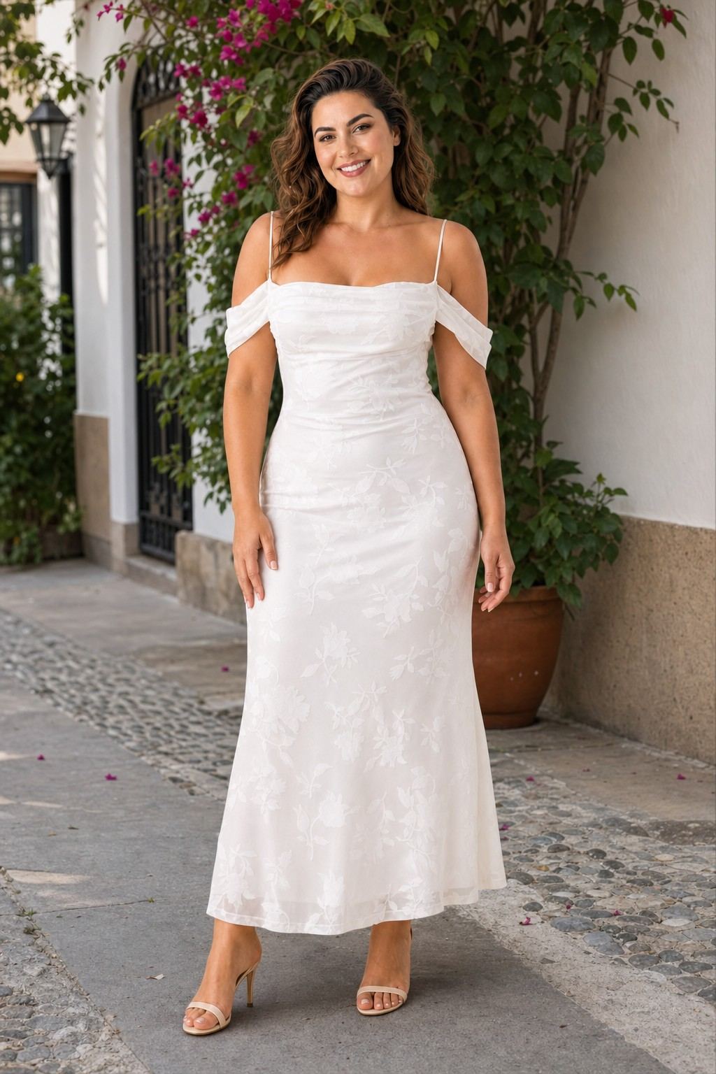 Plus Size Off Shoulder Burnout Floral Bridesmaid Dress with Lace-Up Back