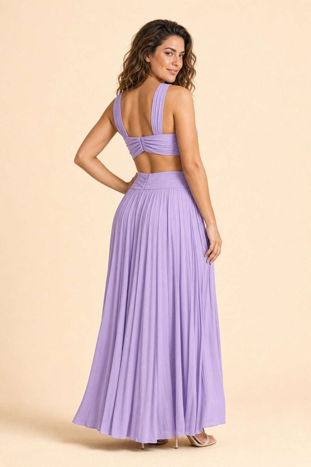 Plus Size Halter Bridesmaid Dress with Pleated Chiffon A-Line Skirt - Open Back and Side Slit