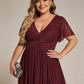 Plus Size V-Neck Glittery Short Sleeves Formal Evening Dress with Empire Waist