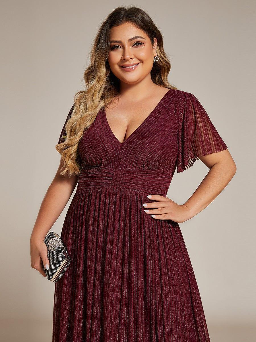Plus Size V-Neck Glittery Short Sleeves Formal Evening Dress with Empire Waist