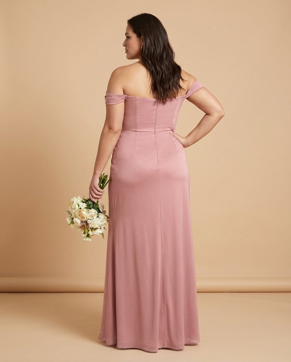 Elanthia Plus Size Off The Shoulder Mesh Bridesmaid Dress With Leg Slit For Wedding Party -N0346
