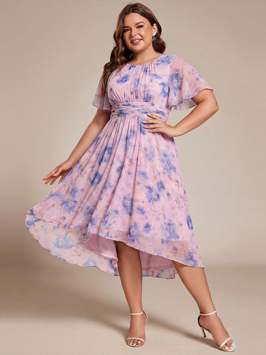 Plus Size Pleated Round Neckline A-Line Midi Chiffon Wedding Guest Dress
