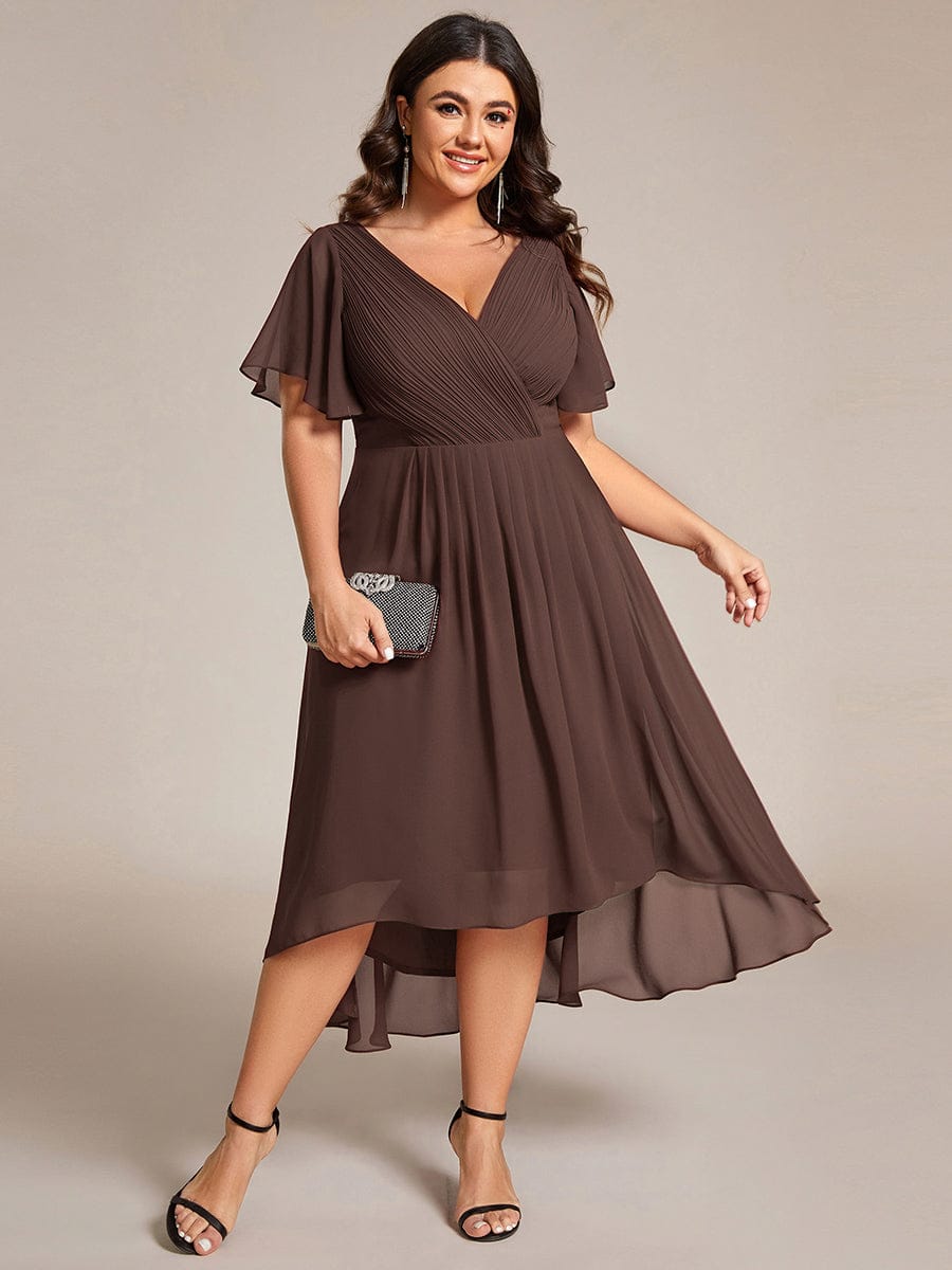 Plus Size Double V-Neck Ruffles Sleeve Chiffon Midi Wedding Guest Dress