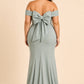 Plus Size Off Shoulder Ruched Bridesmaid Dress with Statement Back Bow
