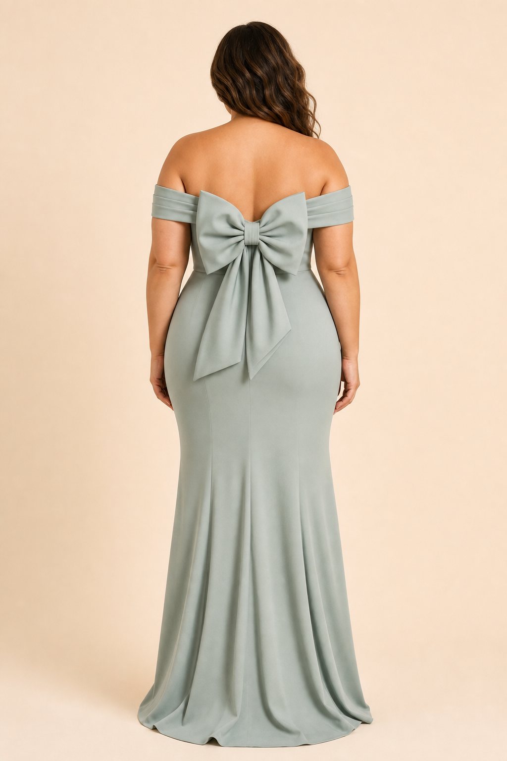 Plus Size Off Shoulder Ruched Bridesmaid Dress with Statement Back Bow