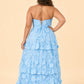 Romantic Lace Up Back Bridesmaid Gown Featuring 3D Floral Appliqué Tiered Flowy Skirt