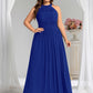 Plus Size Glittery Halter Neck Pleated Formal Evening Dress