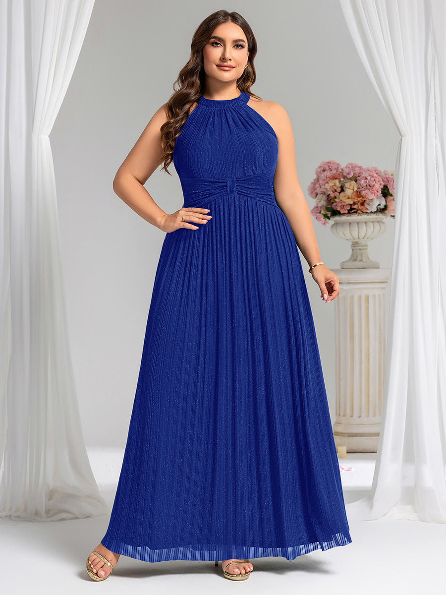 Plus Size Glittery Halter Neck Pleated Formal Evening Dress