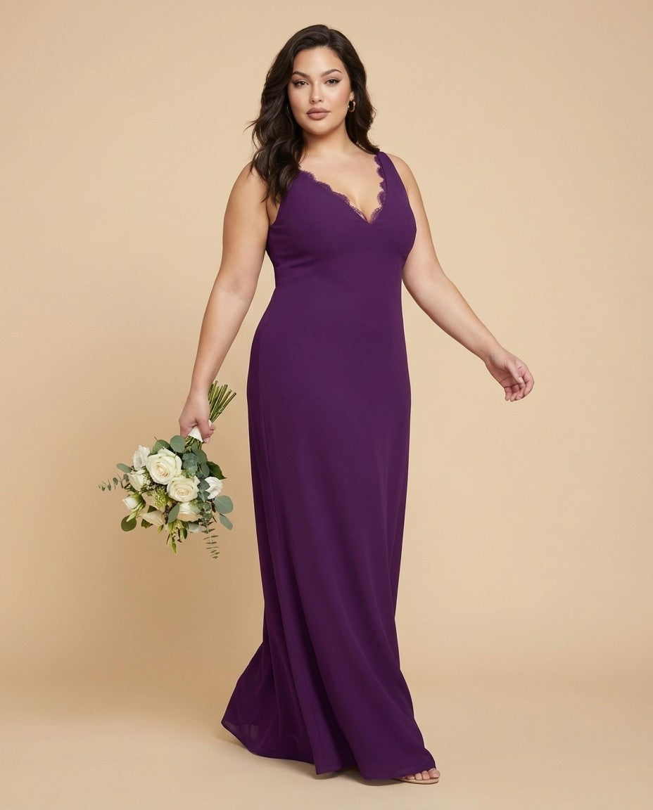 Silvarelle Plus Size Timeless Lace Sheath Floor Length Chiffon Bridesmaid Dress -N0366