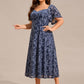 Plus Size Printed Velvet A-Line Short Sleeve Tea Length Wedding Guest Dress