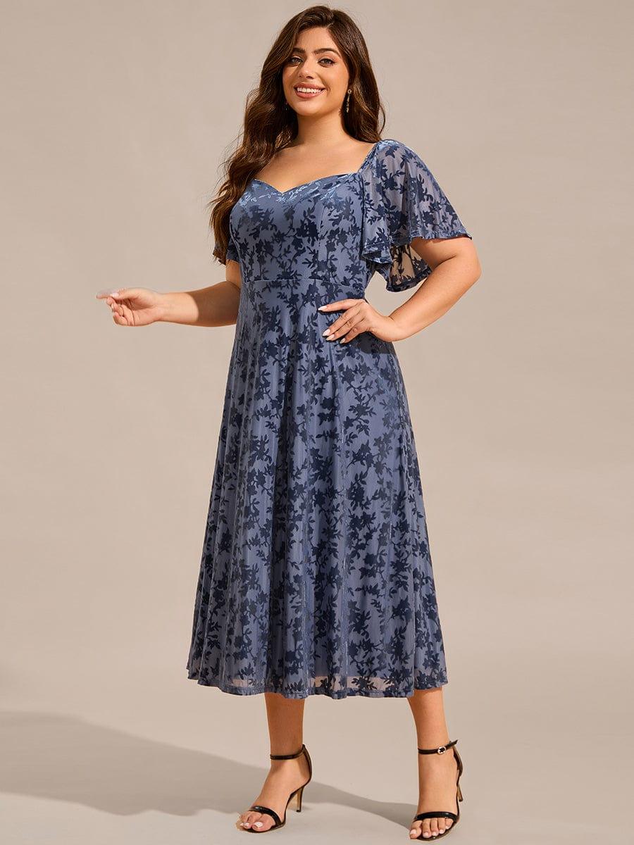 Plus Size Printed Velvet A-Line Short Sleeve Tea Length Wedding Guest Dress