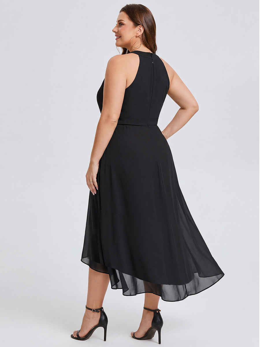 Flowy Plus Size Halter Neck Chiffon Midi Wedding Guest Dress