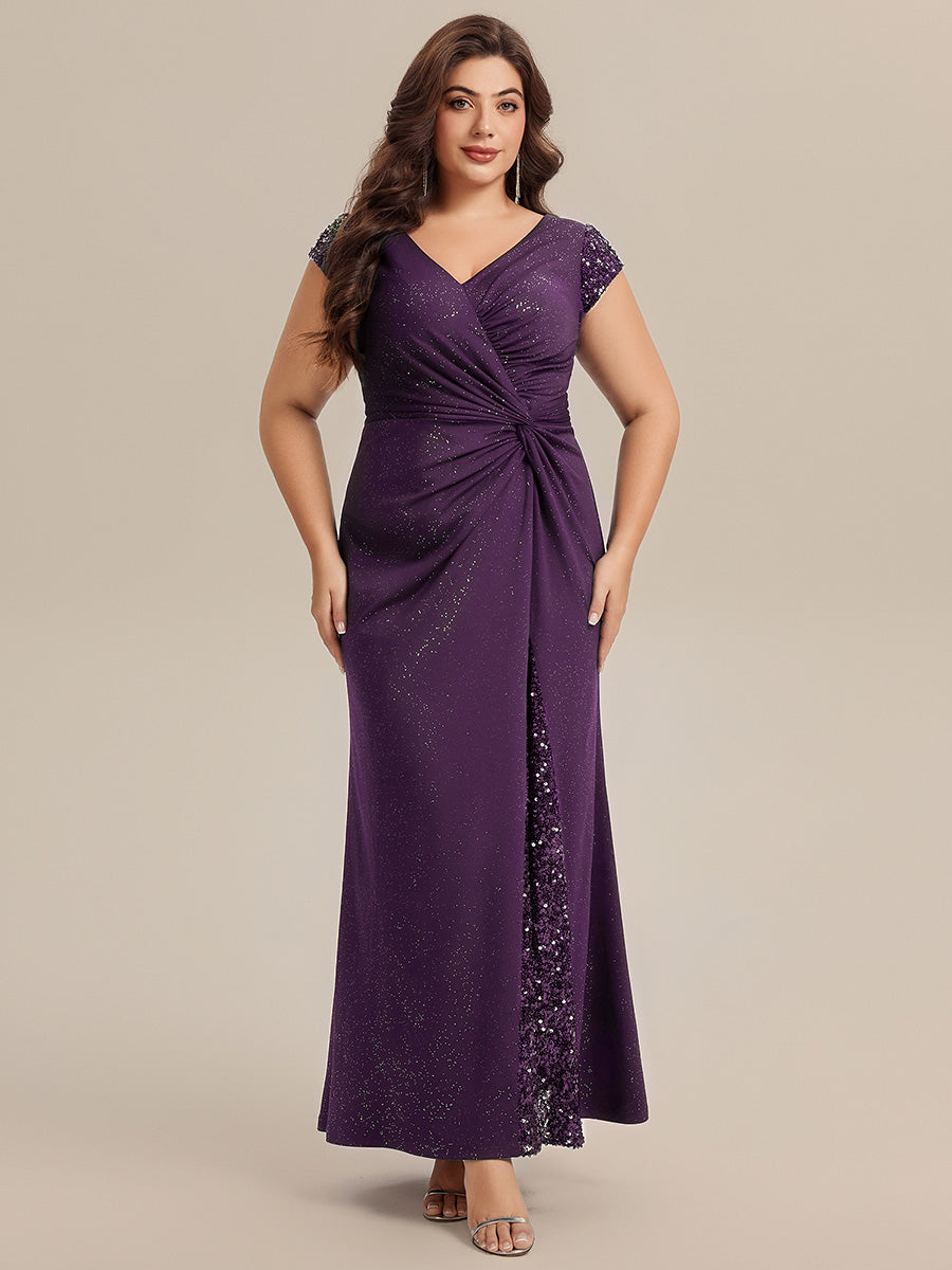 Plus Size Knotted Knit Cap Sleeve Maxi Glitter Evening Dress