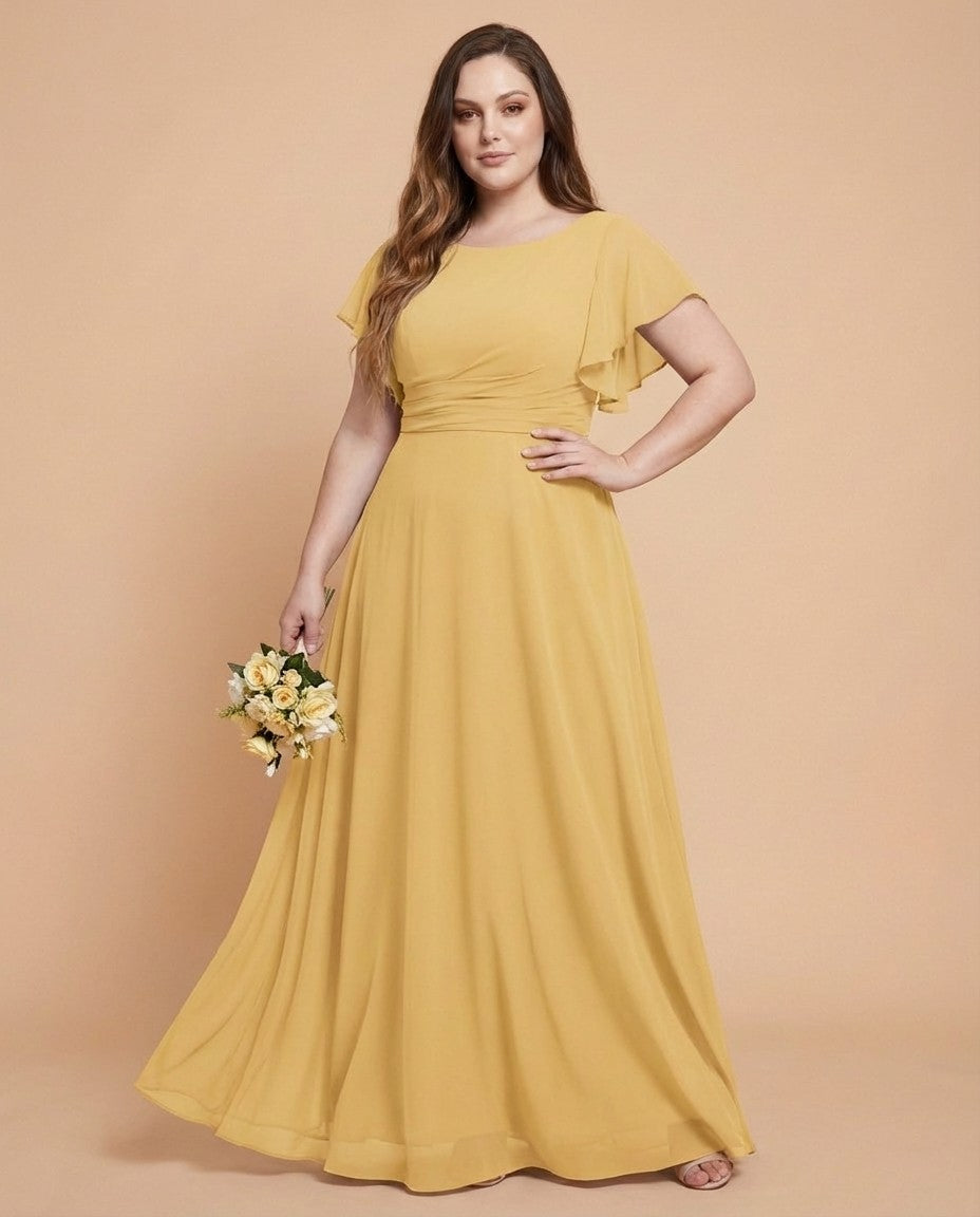 Avenleigh Graceful Modest Half Sleeve Pleated Plus Size Chiffon A-Line Bridesmaid Dress - N0342