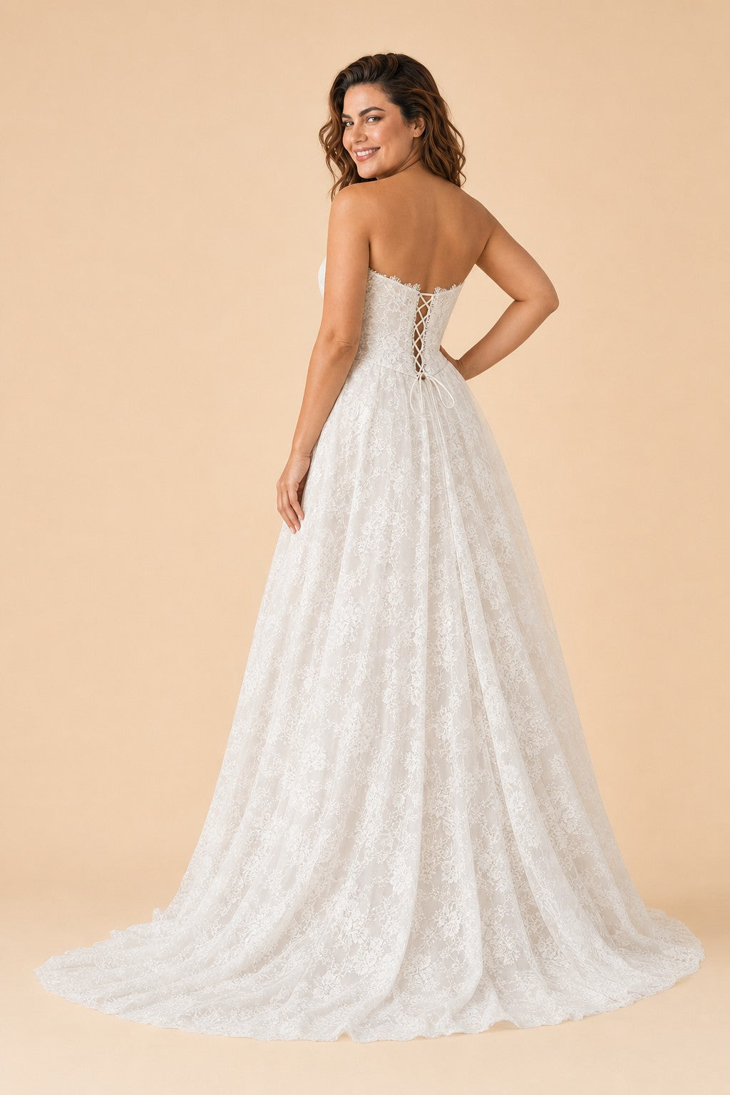 Romantic Strapless Basque Waist A Line Lace Wedding Gown with Lace Up Back for Curvy Brides