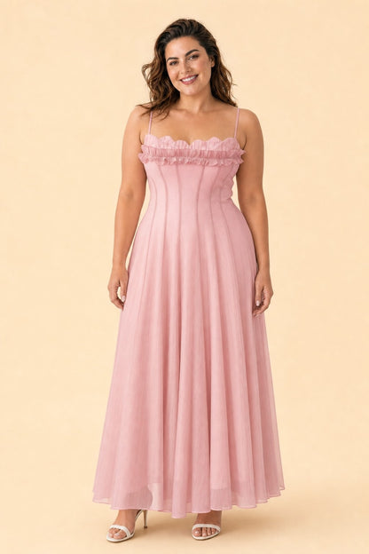 Plus Size Ruffled Shirred Tulle Bridesmaid Dress A-Line Maxi