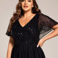 Plus Size Short Sleeves Sequin V-Neck Formal Evening Dress with Tulle