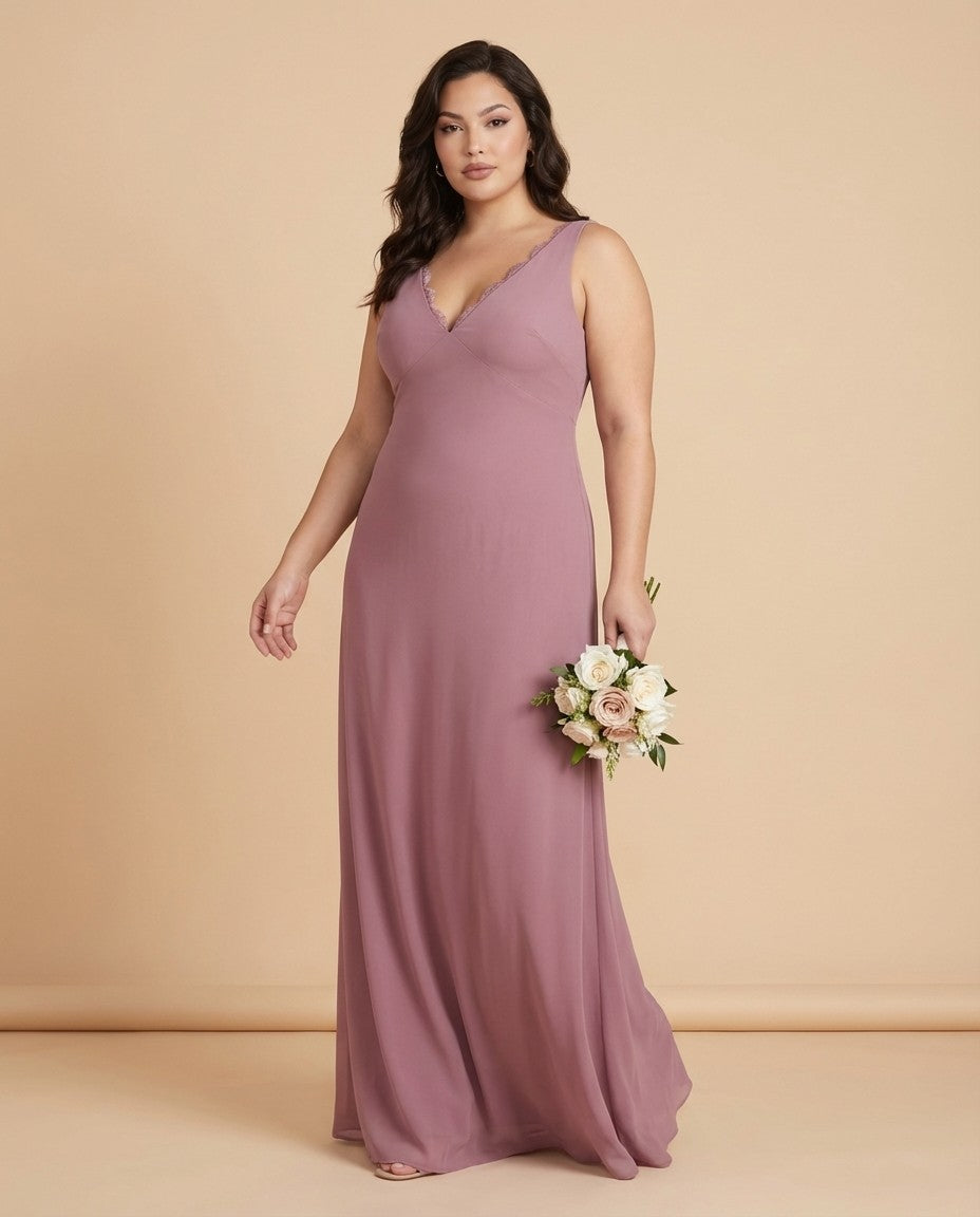 Silvarelle Plus Size Timeless Lace Sheath Floor Length Chiffon Bridesmaid Dress -N0366