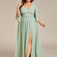 Plus Size Half Sleeve Pleated A-Line V-Neck Chiffon Bridesmaid Dress