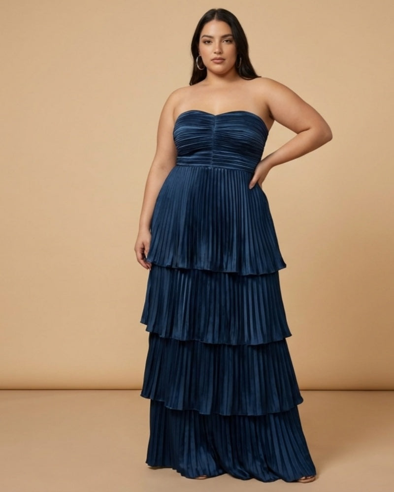 Chantarae Plus Size Romantic A-Line Ruffled Satin Bridesmaid Dress for Wedding Occasions -N0379