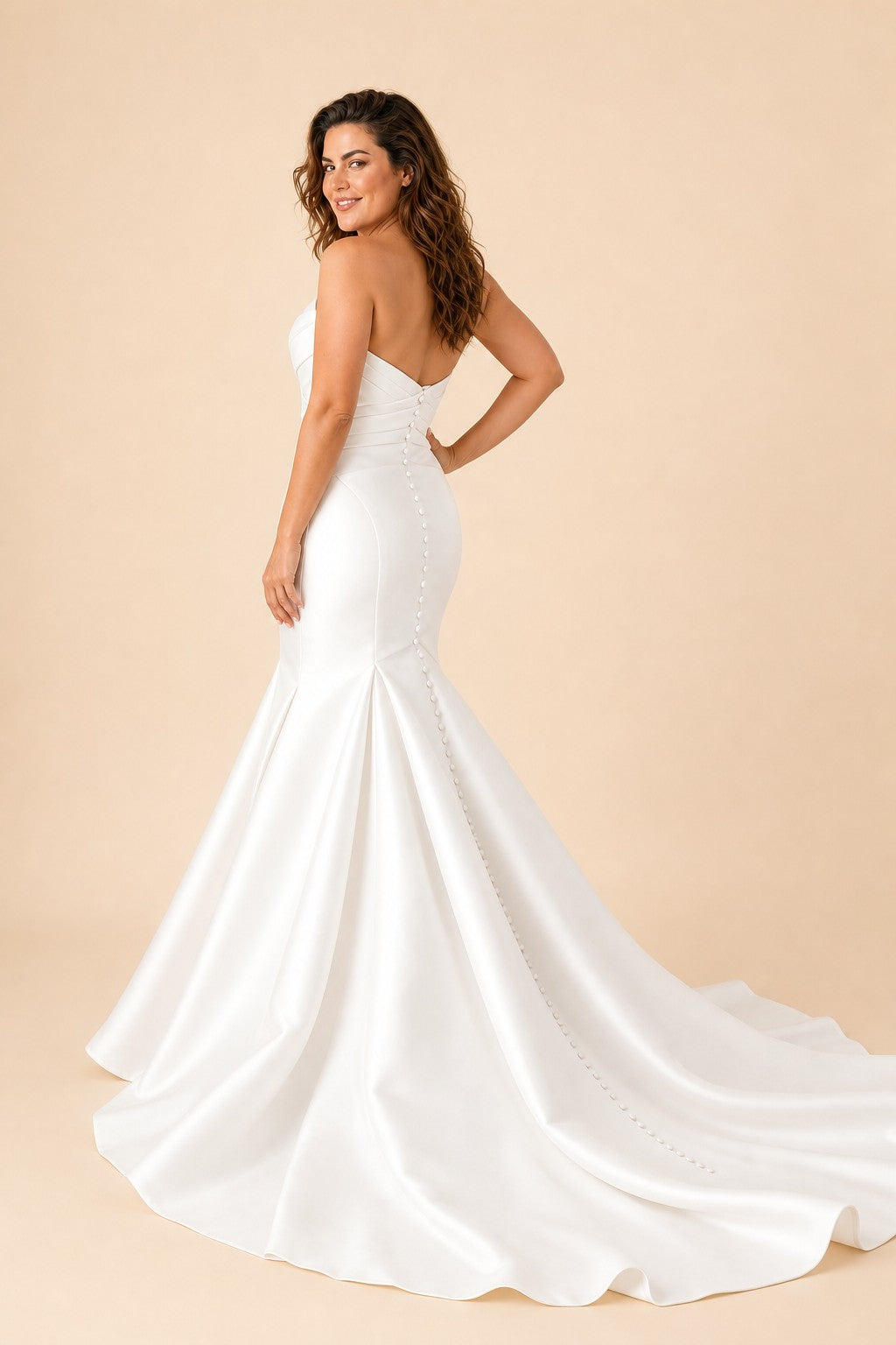 Plus Size Timeless Strapless Bridal Dress with Pleated Waist and Flowing Train