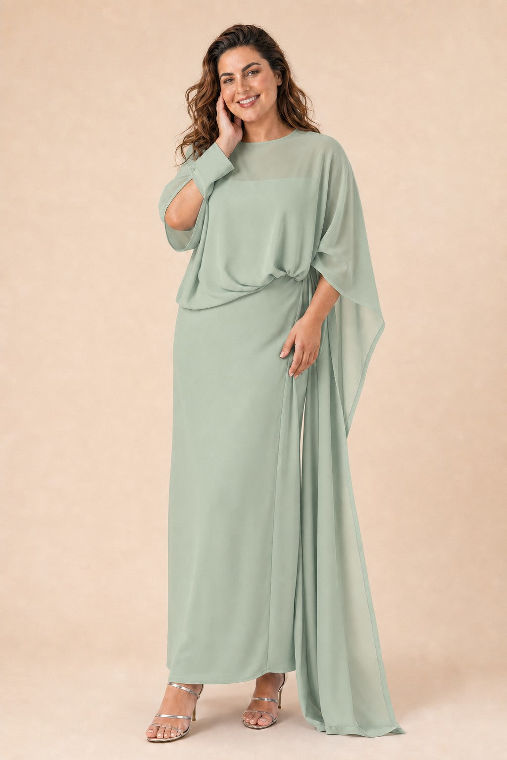 Flowy Sheer Cape Bridesmaid Dress Cuff Slit Design