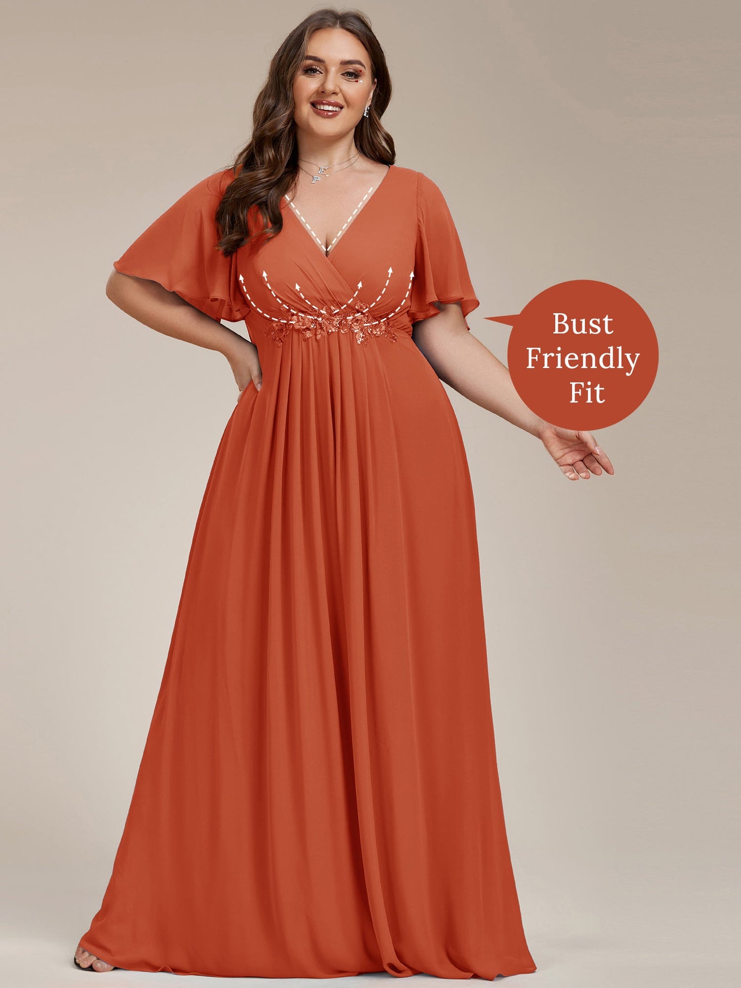 Plus Size Floral Applique Short Sleeve A-Line Chiffon Formal Evening Dress