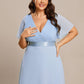 Plus Size Empire Waist V Back Bridesmaid Dress with Short Sleeves