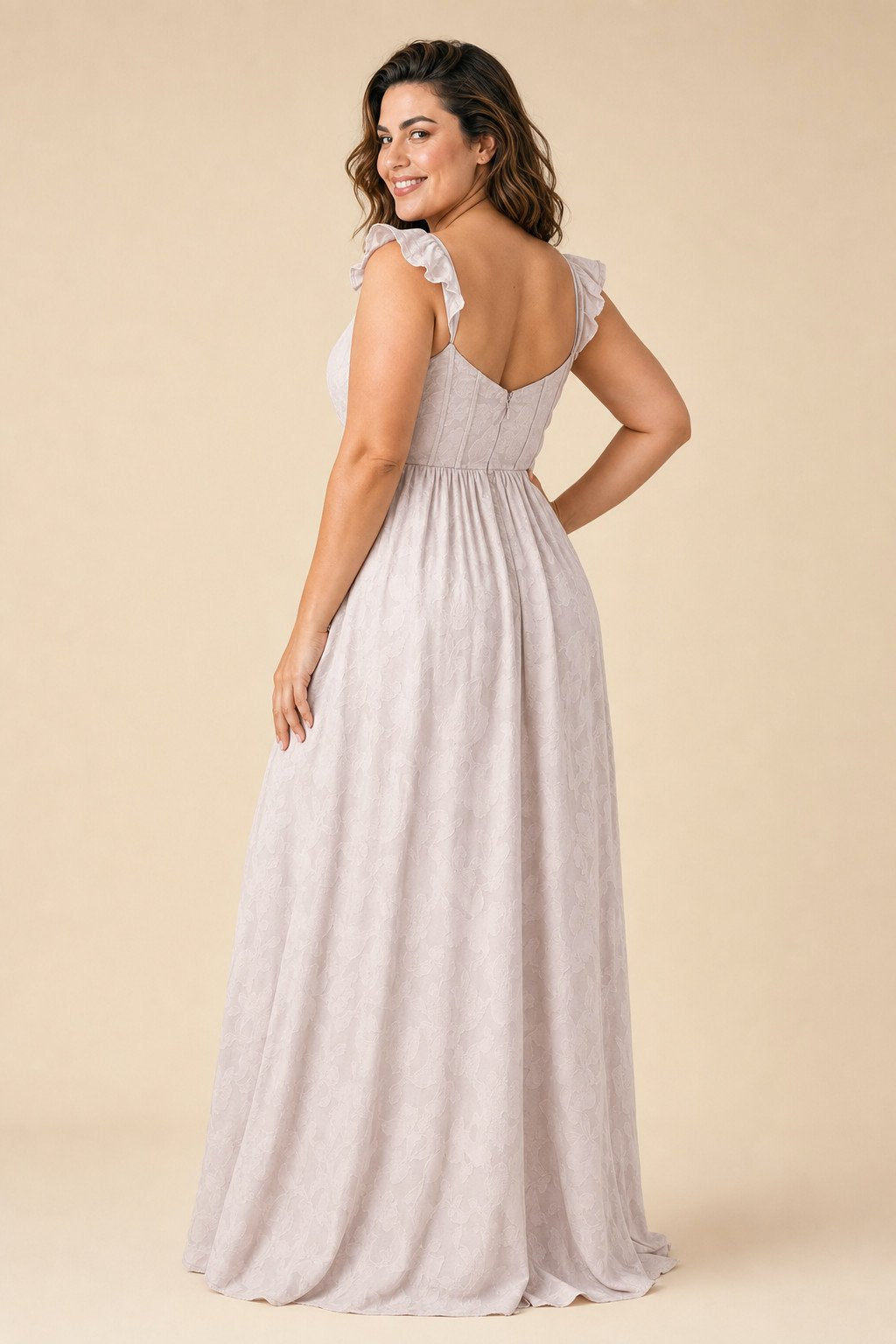 Plus Size A-Line Bridesmaid Dress with Floral Burnout Fabric Ruched Bodice and Slit Detail