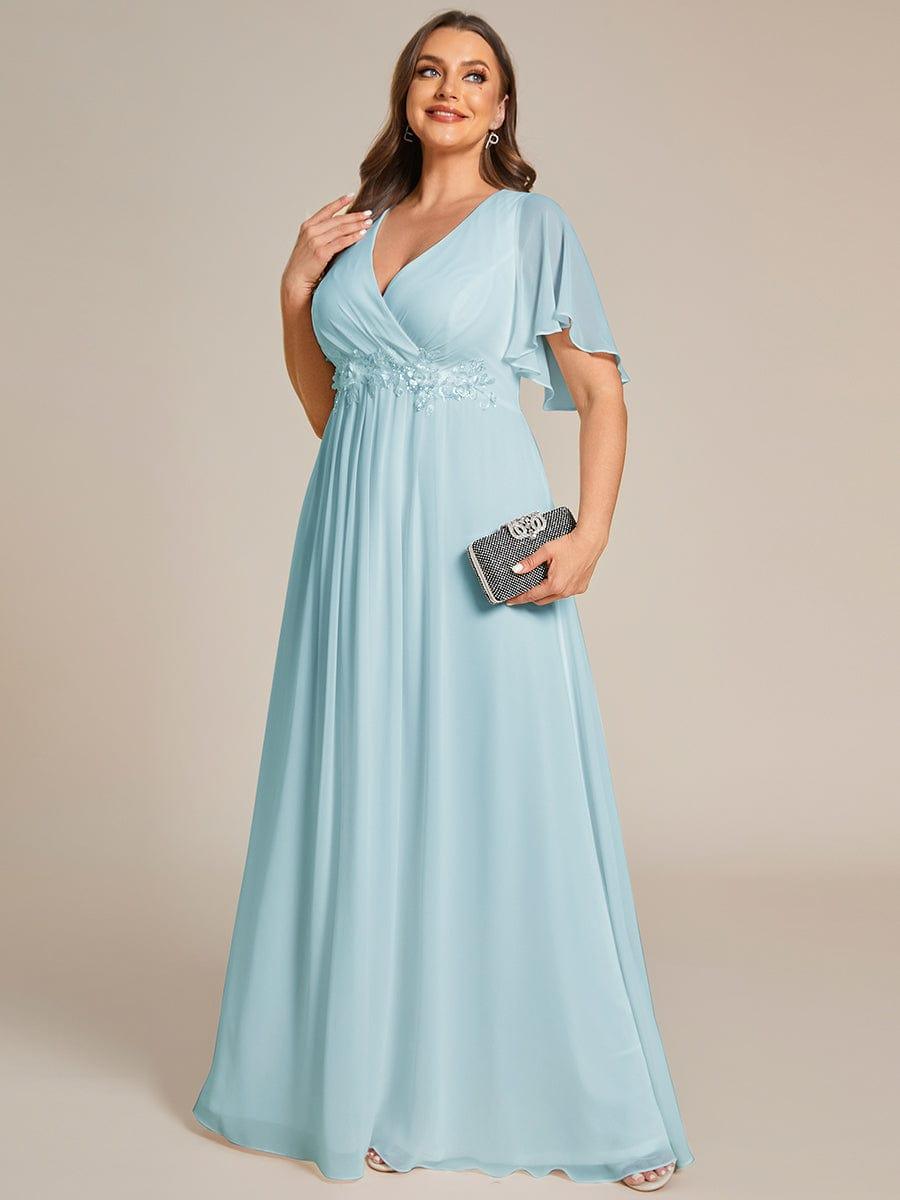 Plus Size Floral Applique Short Sleeve A-Line Chiffon Formal Evening Dress