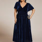 Plus Size A-line V-Neck Short Sleeve Pleated Velvet Fall Wedding Guest Dress