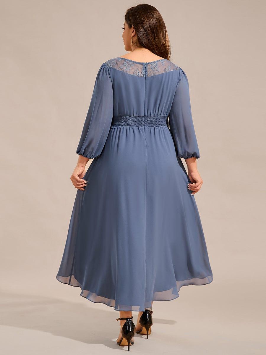 Plus Size Lace Round Neck Long Sleeve Chiffon Midi Wedding Guest Dress