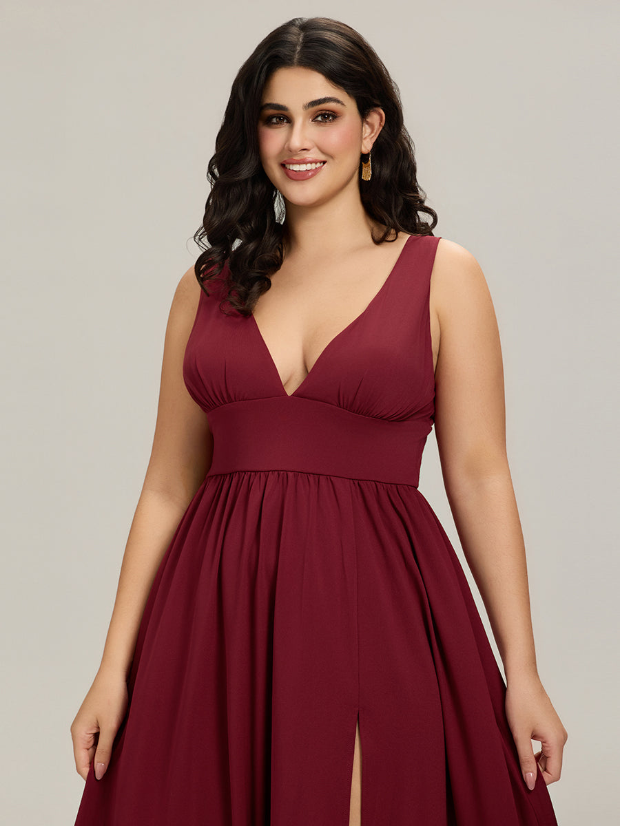 Plus Size Sleeveless V-Neck Empire Waist High Slit Floor-Length Evening Dress