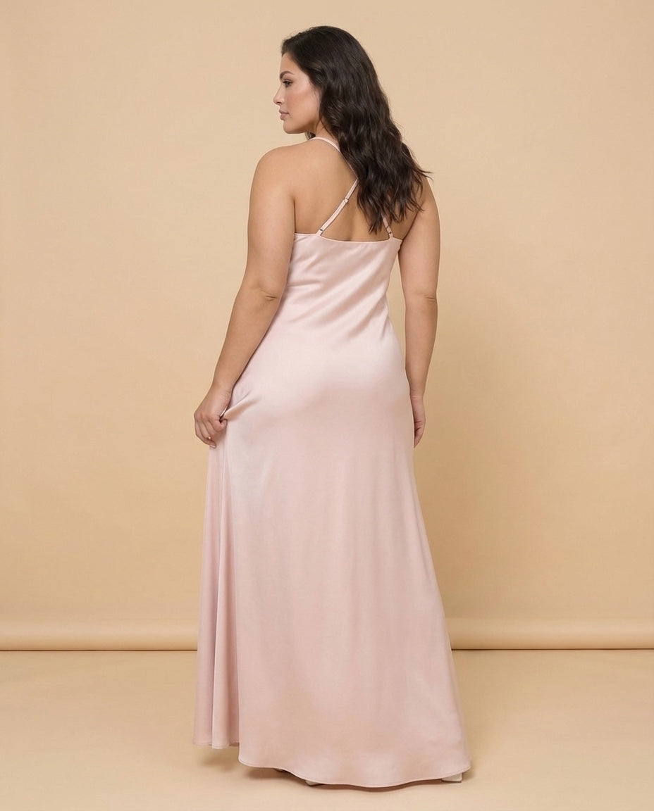 Silvarelle Elegant Stretch Satin Plus Size Bridesmaid Dress with Lace Trim for Weddings - N0359