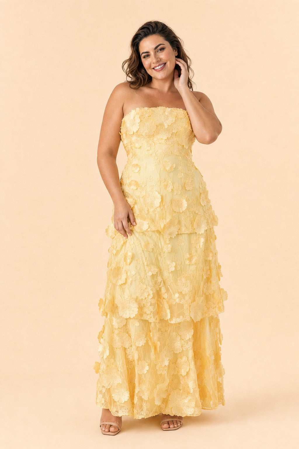 Romantic Lace Up Back Bridesmaid Gown Featuring 3D Floral Appliqué Tiered Flowy Skirt