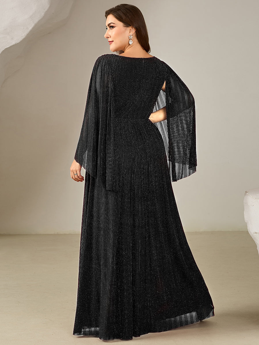 Plus Size Glittery Empire Waist Batwing Sleeve Evening Dress