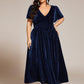 Plus Size A-line V-Neck Short Sleeve Pleated Velvet Fall Wedding Guest Dress